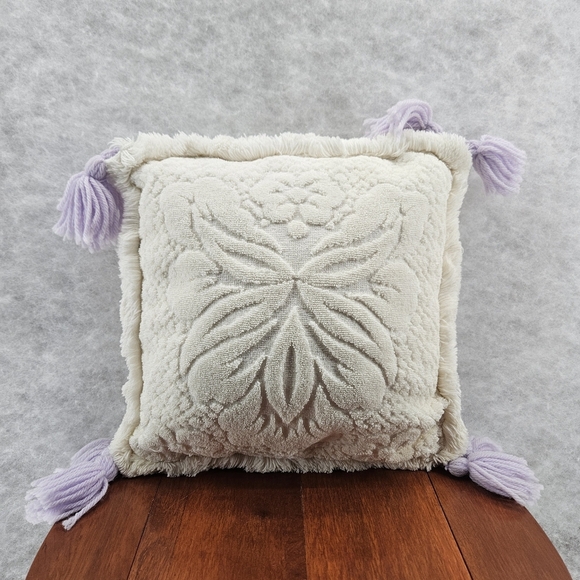 Terry Cloth Cotton Tasseled Cream Lavender throw‎ pillow 10x10" Boho - Picture 6 of 6